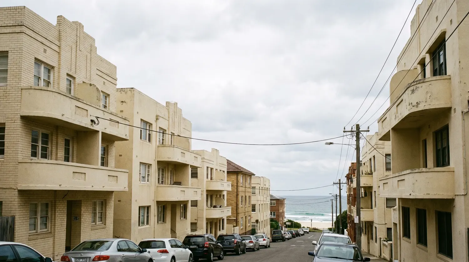 Art-deco walk-up apartment blocks behind Bondi Beach